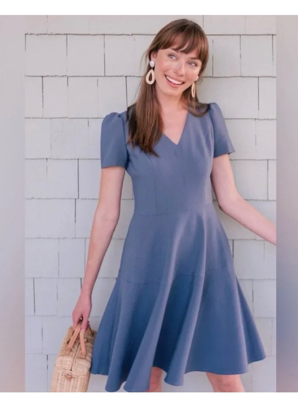 Gal Meets Glam Slate Blue V-Neck A-Line Midi Dress